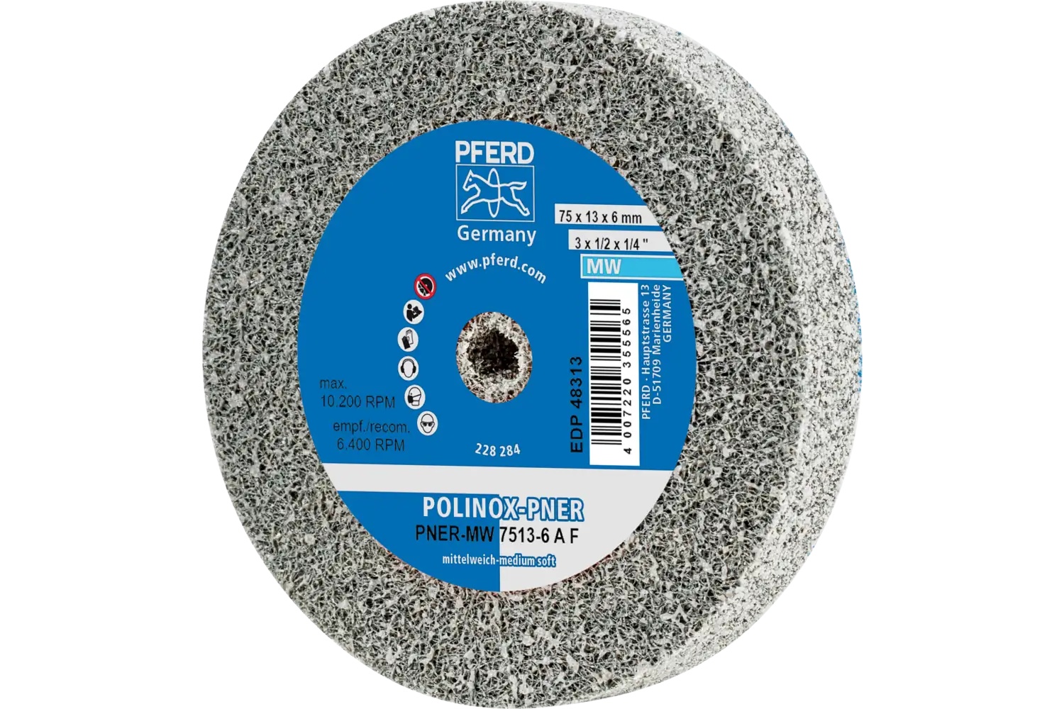 Picture of Pferd Polinox® Unitized Wheel, 3" X 1/2 X 1/4, Fine, Soft, 3Af, Aluminum Oxide